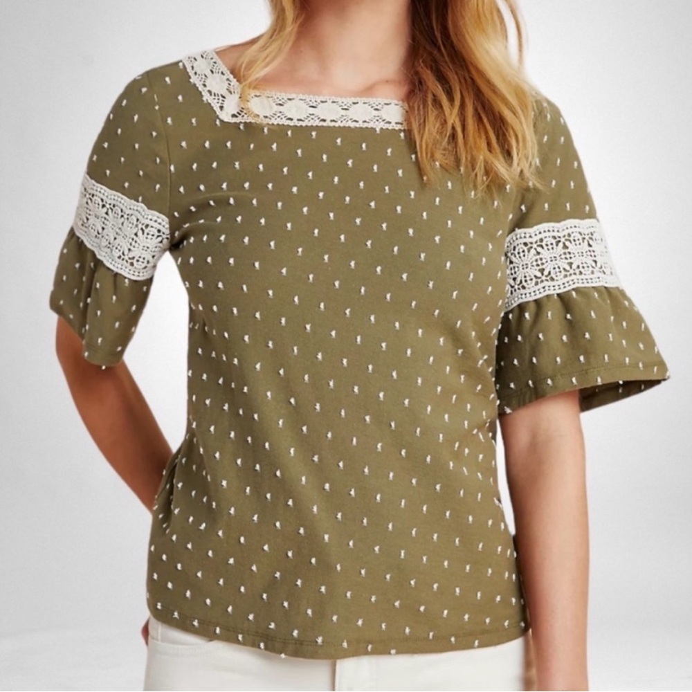 Anthropologie Maeve green cream lace top size M